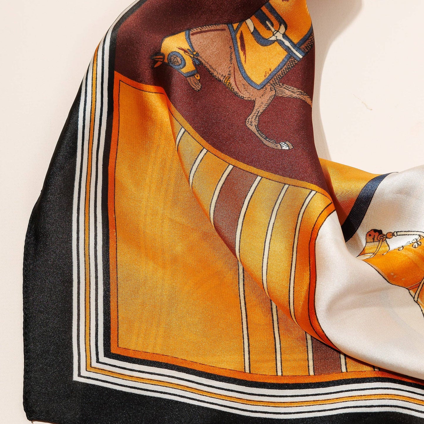 Equestrian Print Silk-Texture Scarf: Orange