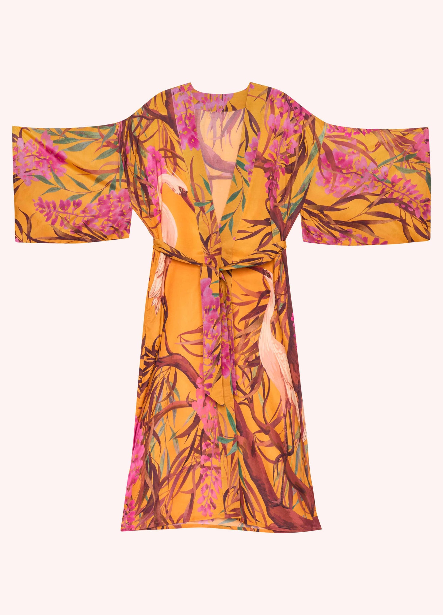 Oriental Crane Kimono Gown - Ochre