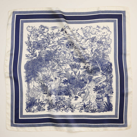 Elegant Vintage-Inspired Toile Print Silk Scarf: Navy