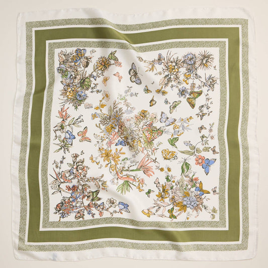 Floral Butterfly Silk Texture Square Scarf: Olive