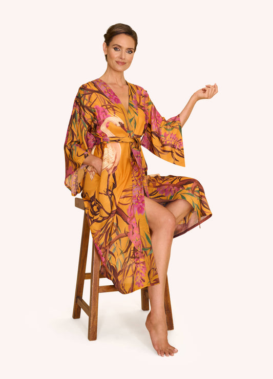 Oriental Crane Kimono Gown - Ochre