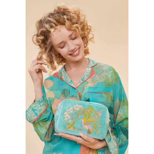 Hummingbird Velvet Embroidered Make Up Bag in Aqua