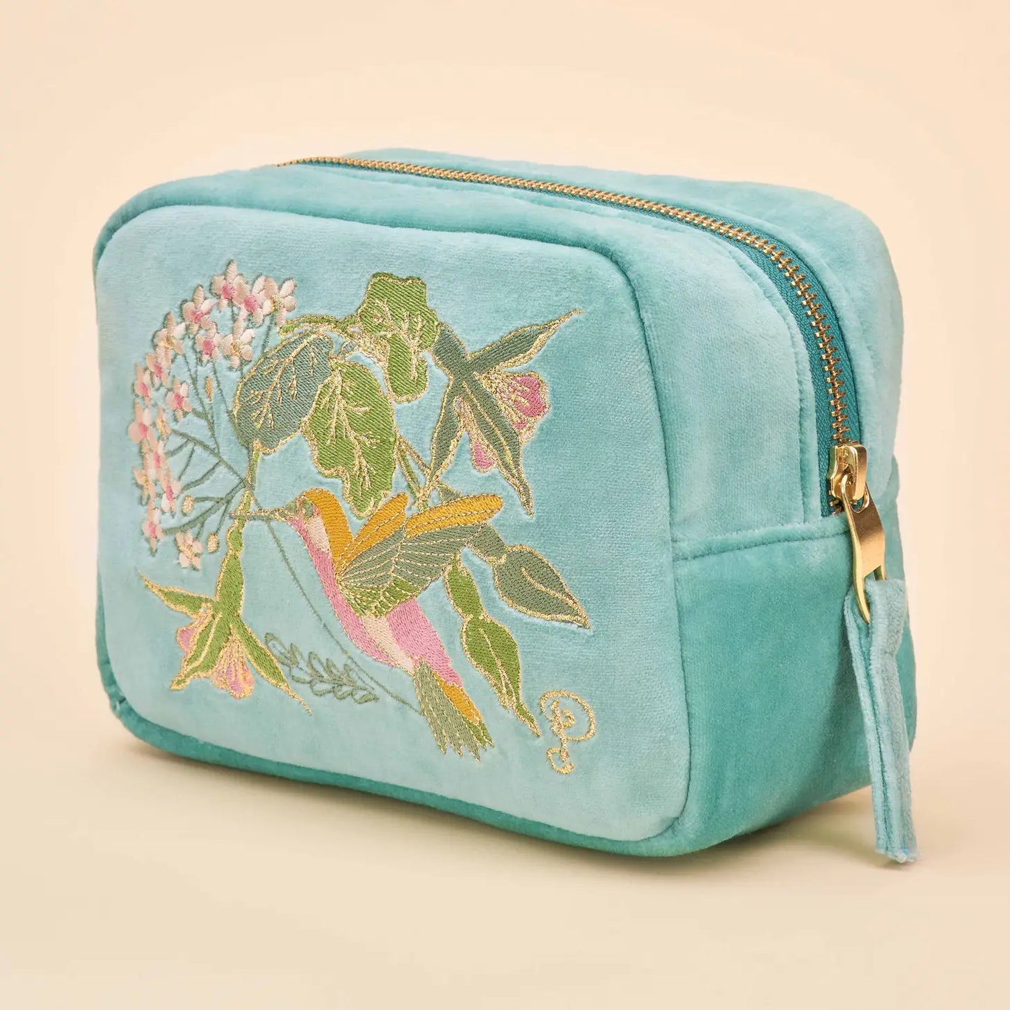 Hummingbird Velvet Embroidered Make Up Bag in Aqua