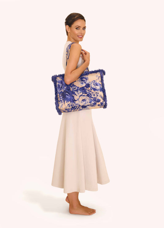 China Blue Blooms-Fringed Tote