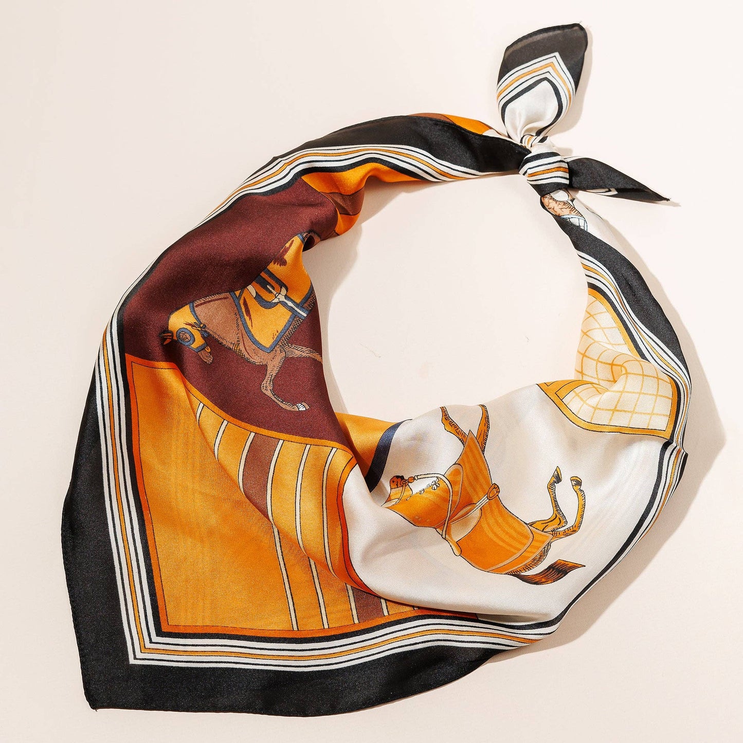 Equestrian Print Silk-Texture Scarf: Orange
