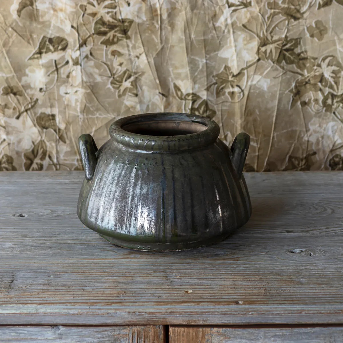 Aged Olive Dripped Glazed Pottery Kettle Vase